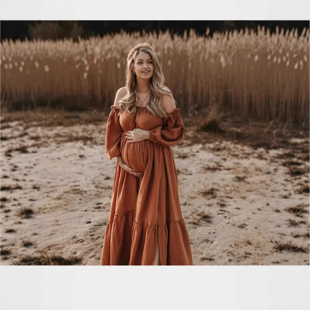 Women's Split Off-Shoulder Bubble Sleeves Maternity Dress Long Dress Photography Floor Mopping Dress