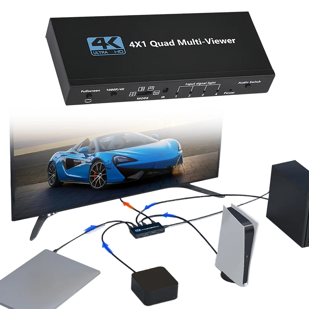 4K -Compatible Quad Multi Viewer 4 in 1 Out 1080P Screen Viewer Seamless Switcher for Camera PC TV Monitor