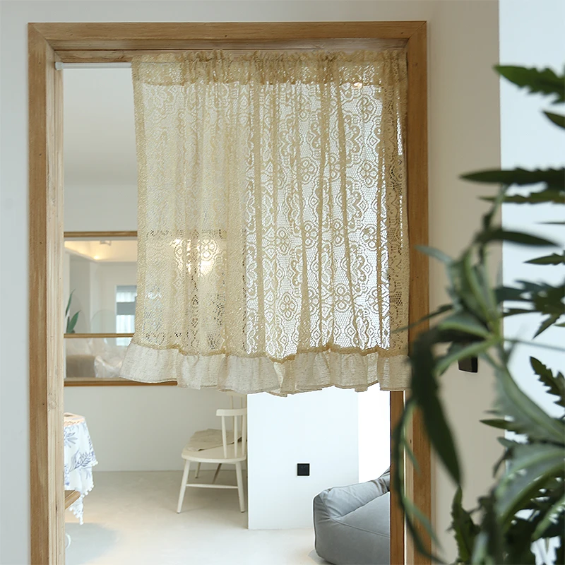 American Beige Lace Linen Woven Short Curtains for Living Room Geometry Hollow Half Curtains for Kitchen Ruffled Curtains # A445