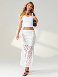 wsevypo Fairycore White Lace Floral Sheer Fishtail Skirts Summer Women's Low Rise Elastic Band Wrap Long Skirt for Streetwear