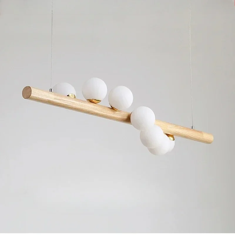 

Nordic Modern Natural Wood Grain Long Chandelier Restaurant Minimalist LED Glass Ball Lighting Dining Table Bar Pendant Light
