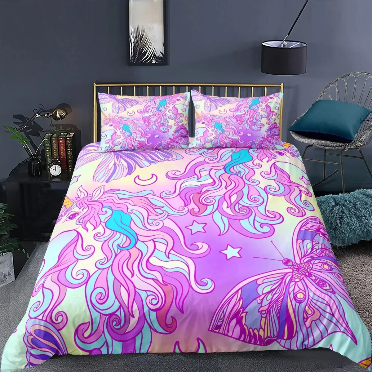 Magic Colourful Unicorn 3D Duvet Cover Bedding Set Comforter Linen Pillowcases Gift Home Decor Single Double Twin King Queen