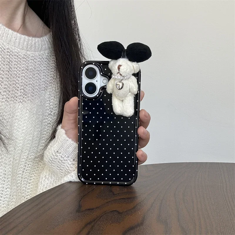 

Luxury Circular Dots 3D Bear Phone Case For iPhone 16 Pro 14 13 15 11 12 Pro Max Cover Cute Protection Cases For Apple 16Pro Fun