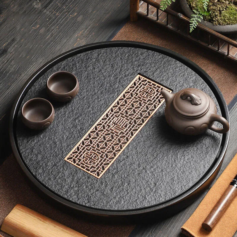 

Metal Round Tea Tray Drainage Chinese Vintage Black Serving Living Room Tea Tray Rustic Coasters Bandeja Madera Home Products