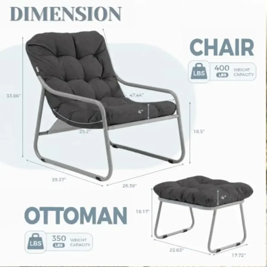 Outdoor lounge chair with ottoman for patio, heavy-duty steel frame in charcoal gray with weather-resistant beige cushion, recl