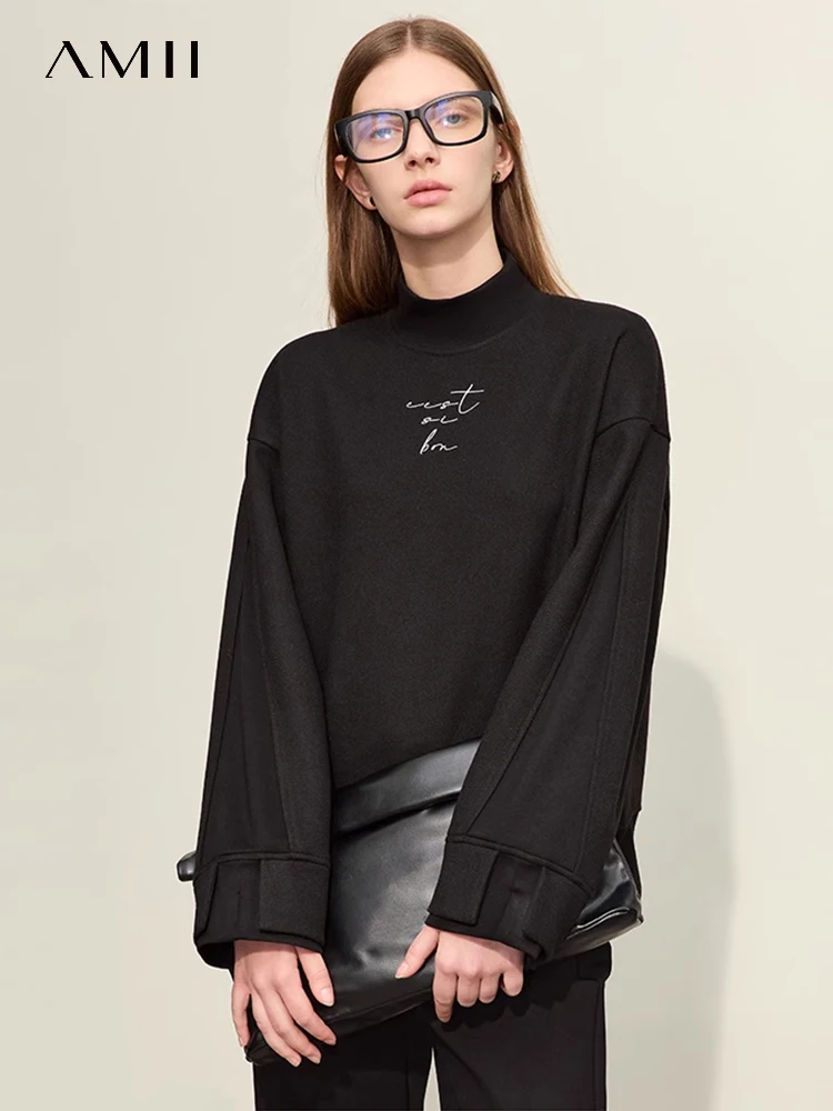 AMII-Sudadera con capucha minimalista para mujer, abrigo holgado con bordado de letras, Cuello medio alto, Top de manga larga empalmado, otoño, 2023