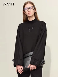 AMII-Sweats à capuche minimalistes pour femmes, manteau brodé de lettres adt, col mi-haut, haut épissé à manches longues, automne, nouveau, 2023, 12353019