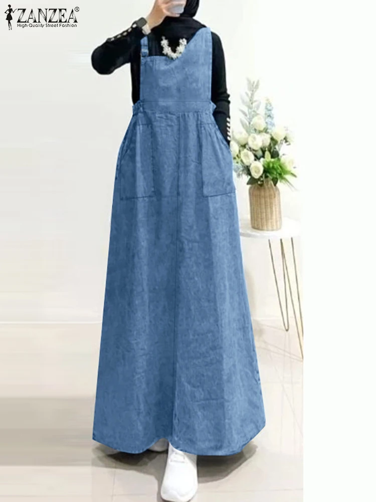 

Autumn Fashion Muslim Dresses Casual A-line Long Sundress ZANZEA Vintage Women Islamic Clothing Robe Sleeveless Denim Blue Dress