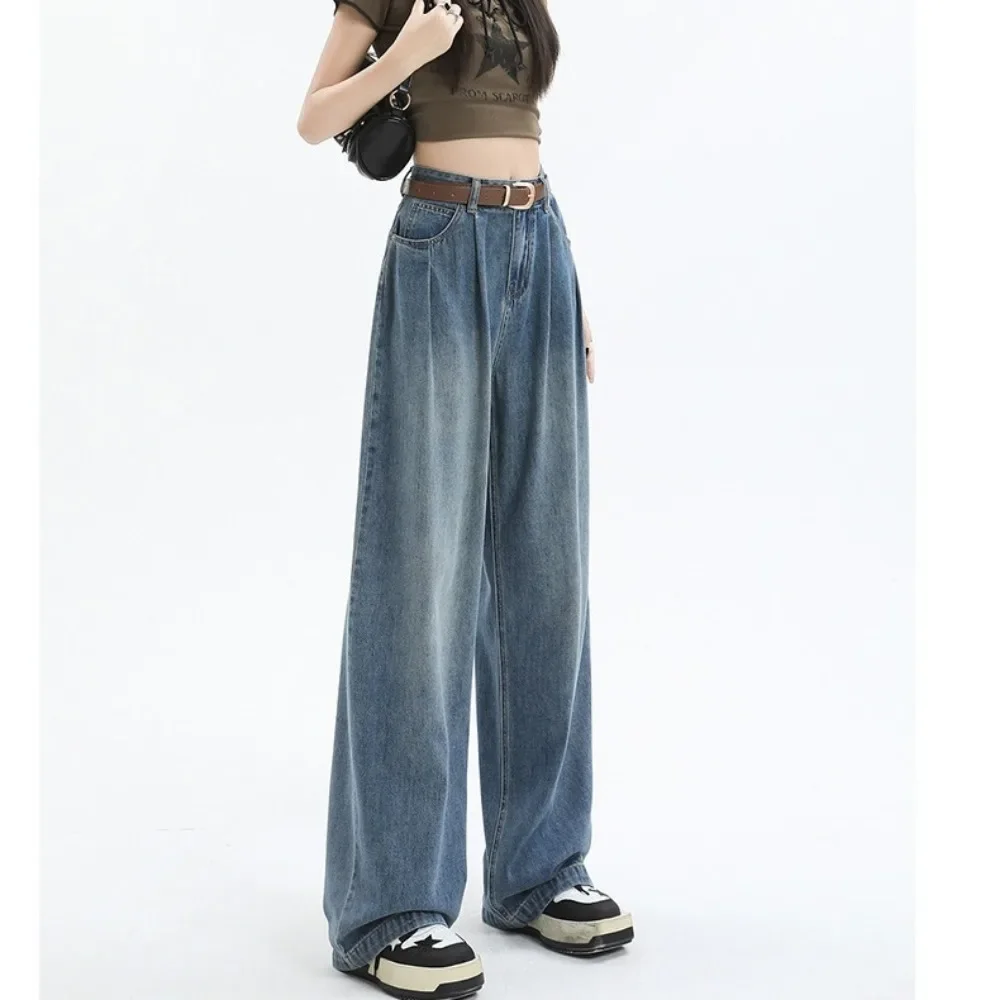 Wide Leg Jeans Women's  Autumn Vintage 2024 New High Waist Loose Slimming Pleated Straight Pants