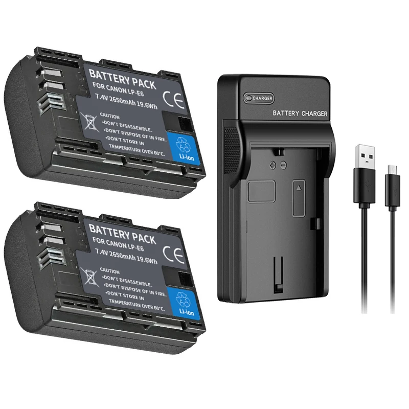 

2650mAh LP-E6 Battery+USB Charger for Canon EOS R5 R6 R7 R5C R6 Mark II 5D Mark II III IV 5DS R 6D 7D Mark II 6D 7D 70D 80D 90D