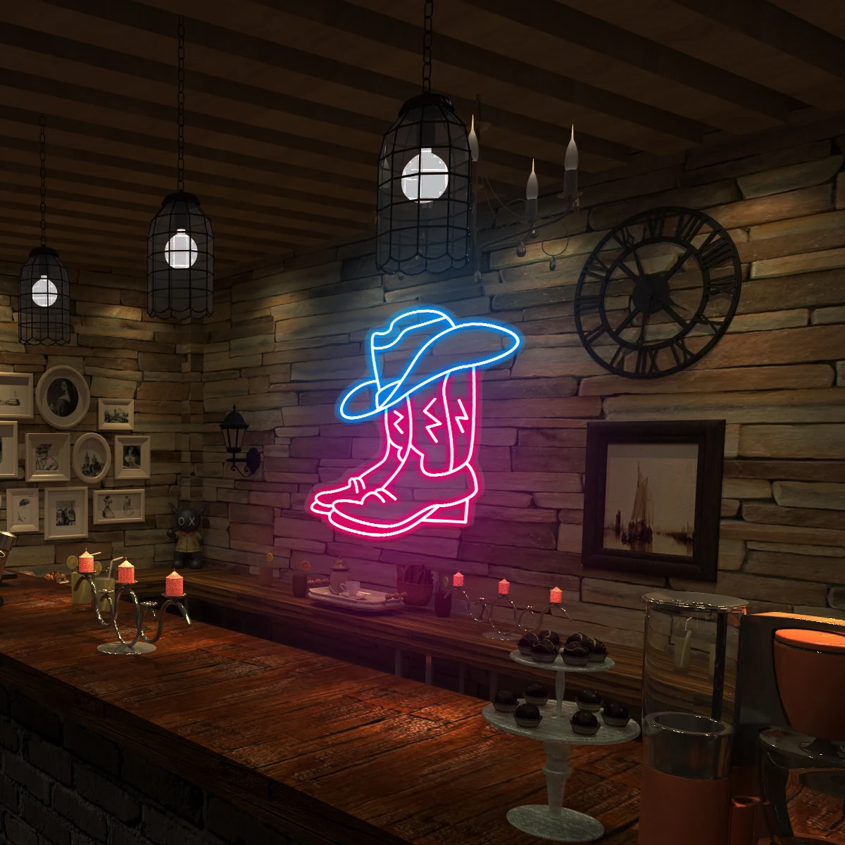 Modelado de sombrero y zapatos de vaquero aplicable a la fiesta de bar, decoración de estilo vaquero, atmósfera de iluminación de neón