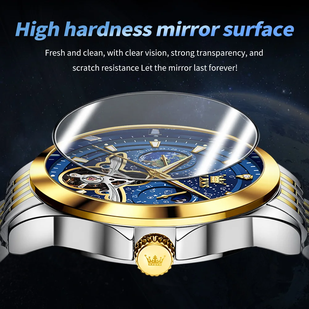 OLEVS 6705 Luxury Man Watch 2024 New Skeleton Flywheel Moon Phase Starry Sky Original Automatic Mechanical Wrist Watches for Men