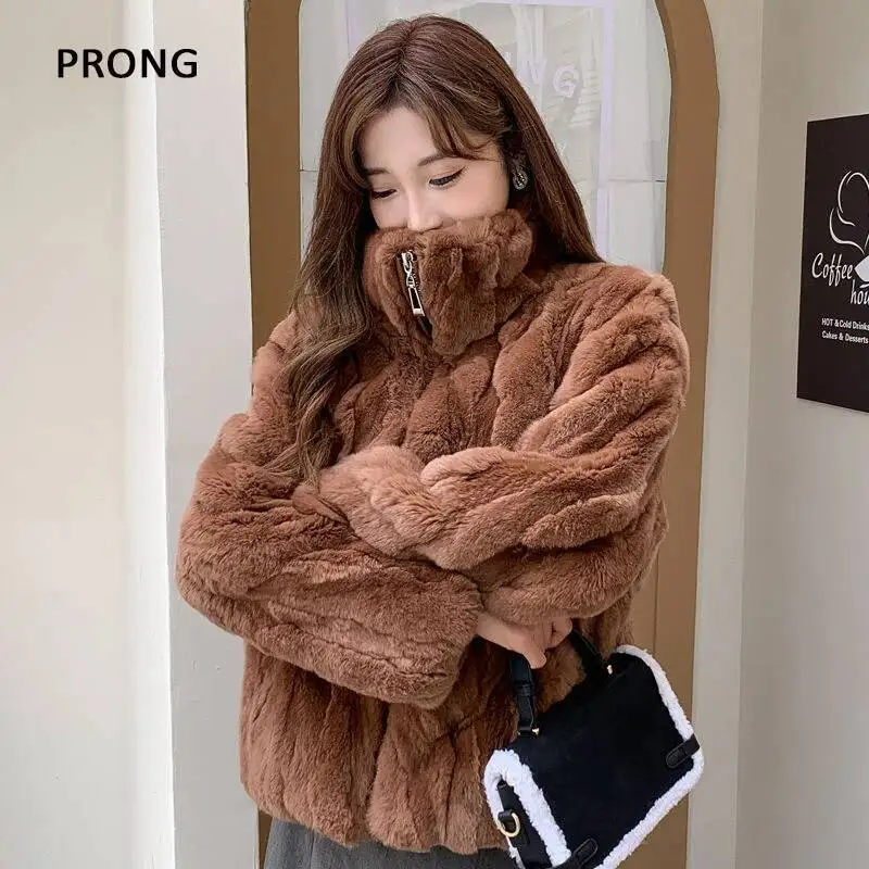 Natural Rabbit Fur Coat Women Winter Real Fur Jacket Luxury Thick Warm Zipper Furry Coats Female Outwears With Black Color