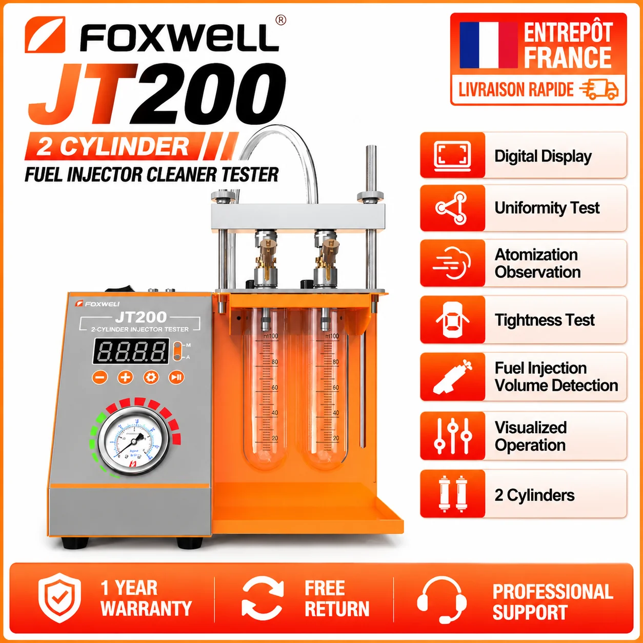 FOXWELL 12V Kraftstoffeinspritzdüsen-Reiniger und -Tester, 2-Zylinder-Benzineinspritzprüfgerät für Auto- und Motorrad-Einspritzdüsen-Reinigungsservice