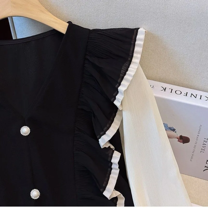 Women's 2024 Spring New Fashion Versatile Spliced Ruffles Fake Two Piece V-neck Long Sleeve Belted Button Pullover Shirts Tops