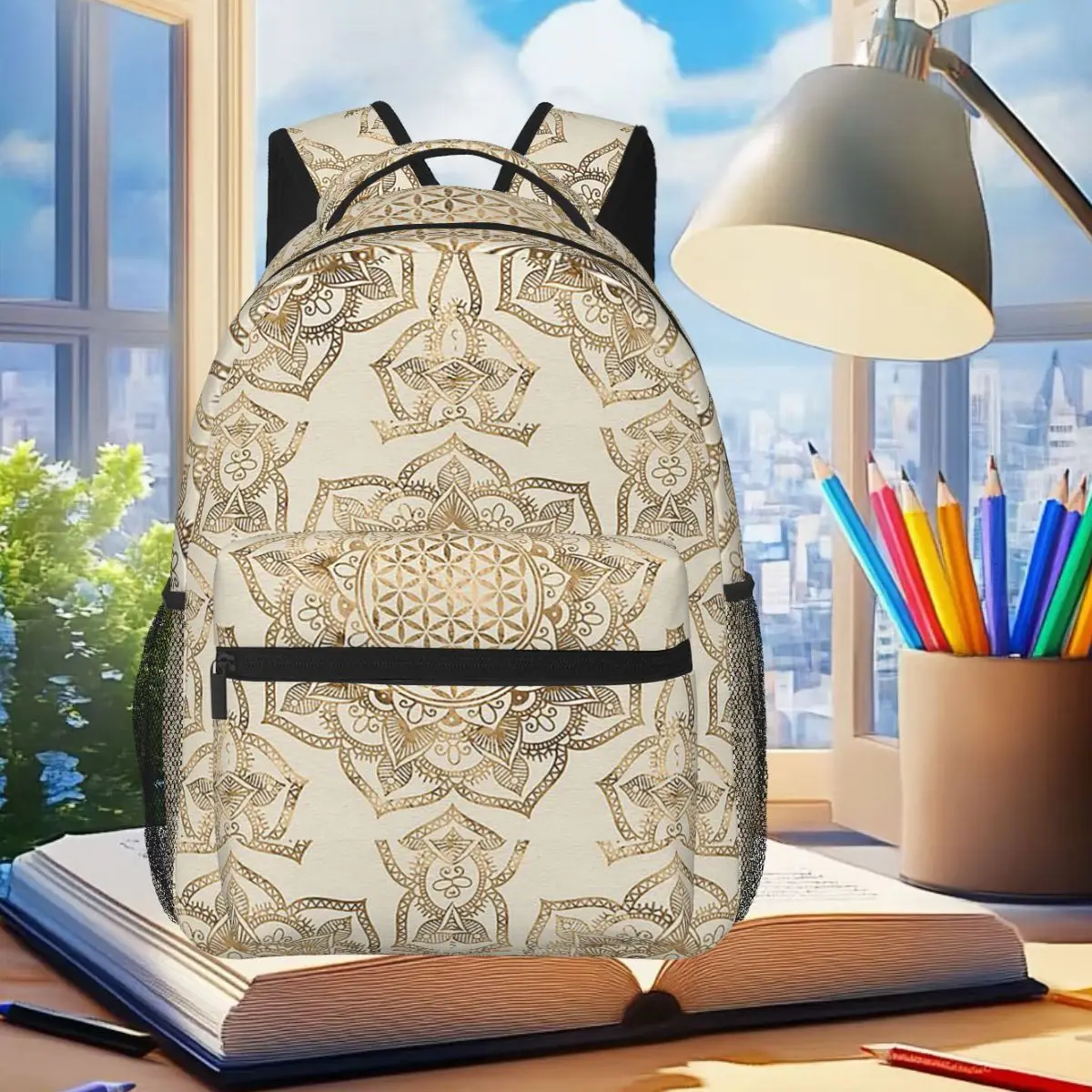 

Рюкзак «Цветок жизни в лотосе» с пастельными золотами и холщом, студенческая сумка для книг для мальчиков и девочек, детская школьная сумка, сумки на плечо для ноутбука