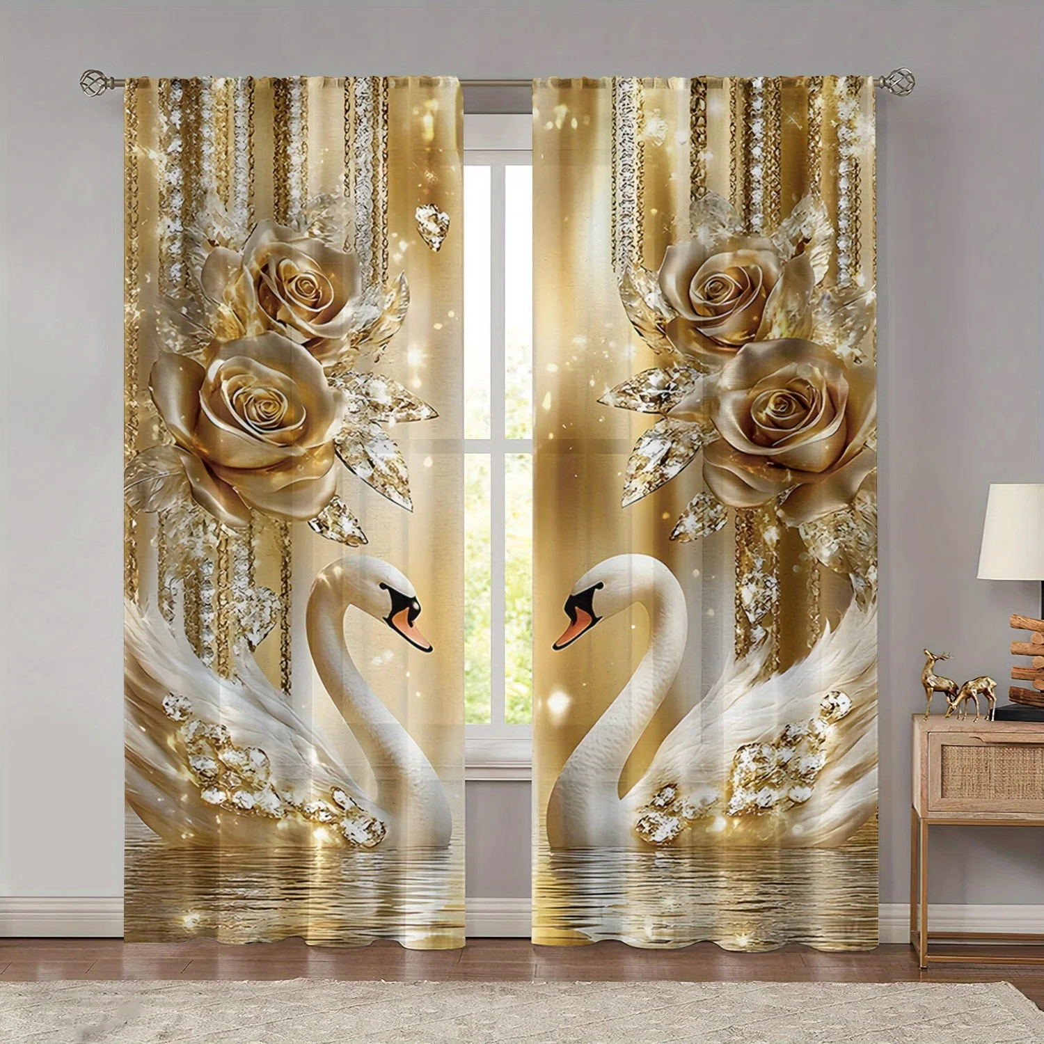 2pcs Elegant Floral & Gold Leaf Light-Filtering Polyester Curtains with Rod Pocket – for Living Room,Bedroom, Kitchen & Bathroom