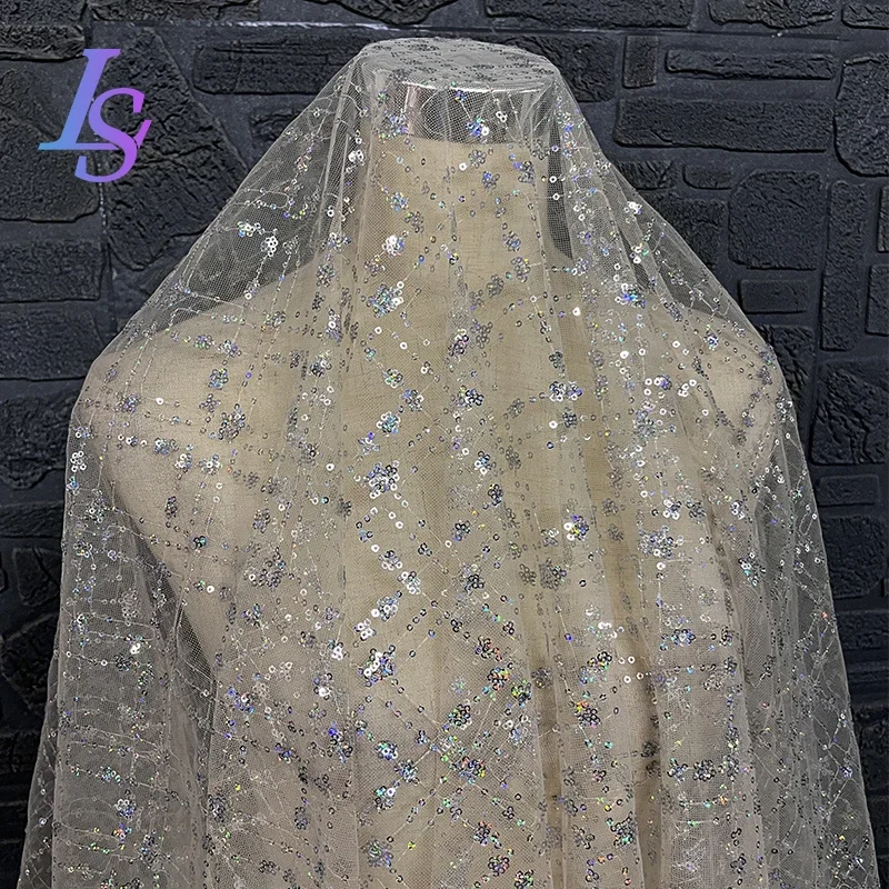 Mesh Sequin Fabric Laser Dress Wedding Decoration Clothing Designer Cloth Apparel Sewing By Meters Diy Polyester Material