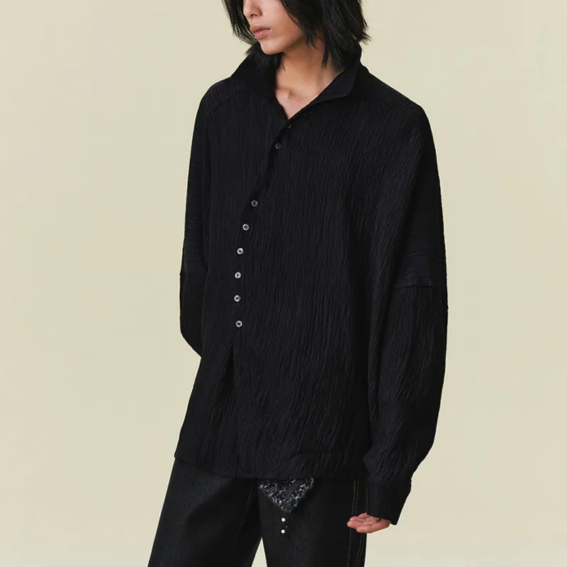 WVGA Spring Autumn New Man Streetwear Pleated Trendy Button Turn-Down Collar Long Sleeve Shirt Niche Chic Casual Tops Ins W14601