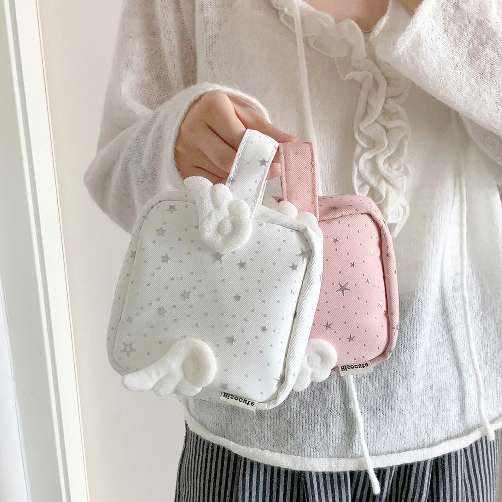 Fashion Angel Wing Silver Star Handheld Makeupbag Cute Girl Large Capacity Lipstick Storage Sanitary Cottonbag Wallet Women Gift