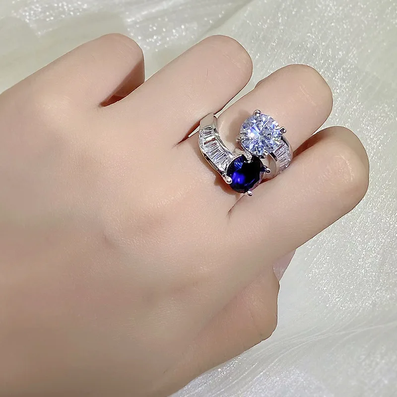 Women's Creative Blue White Imitation Crystal Open Ring, Luxury