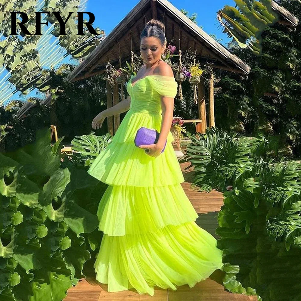 

RFYR Elegant Fluorescent Green Evening Dresses Sexy Off The Shoulder Prom Dress A-line Grace Multilayer Maxi Vestidos De Noche