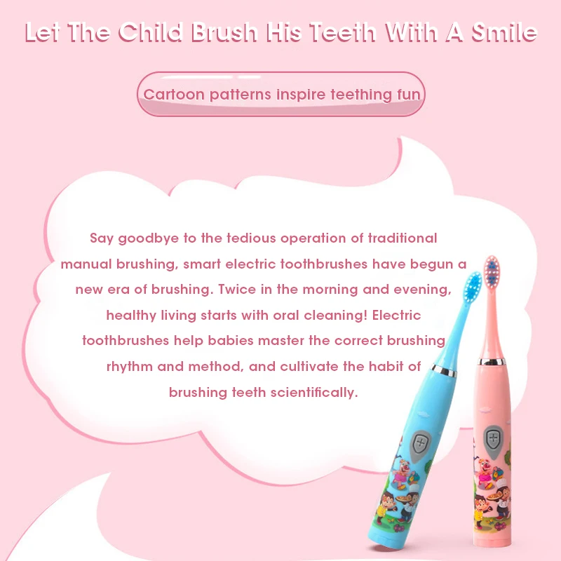 فرشاة أسنان كهربائية بالموجات فوق الصوتية للأطفال ، سونيك مع رأس بديل ، شحن USB ، 5 التروس ، 2 دقيقة الموقت ، أطفال ، الكرتون