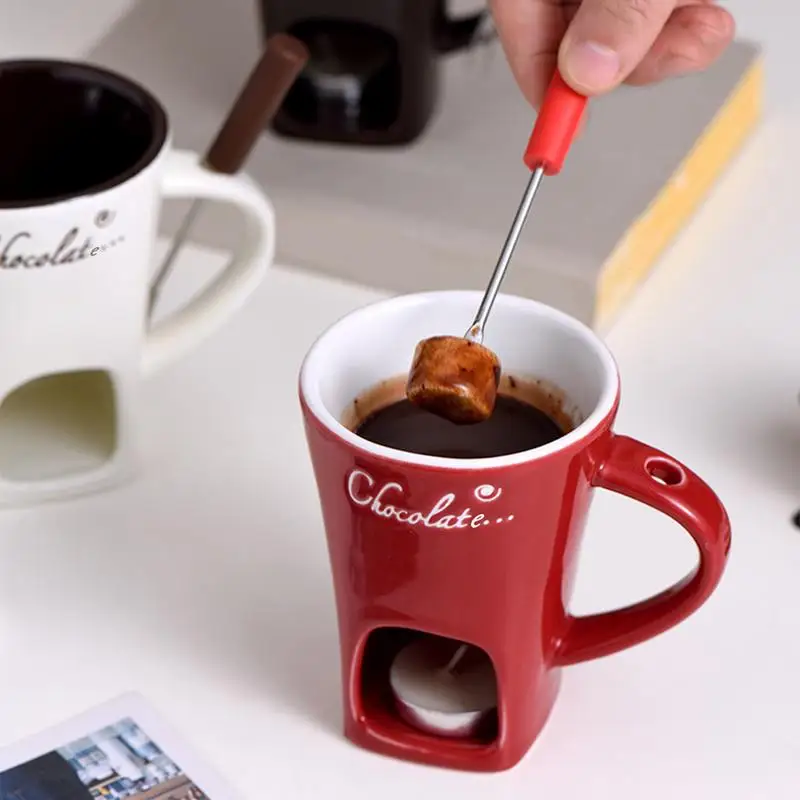 Chocolate Fondue Mug Melting Cup Ceramic Fondue Mug Melting Cup Tea Light Butter Warmer Melting Pot With Fork For Caramel &