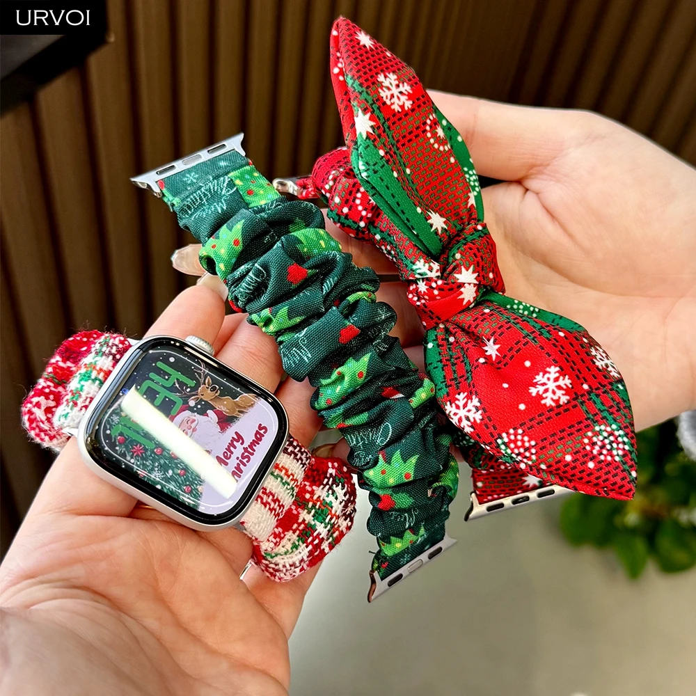 URVOI Band for Apple Watch Series 11 10 9 8 7 SE 3 Nylon loop Elastic Hairband Strap for iWatch Xmas gift red Christmas bowknot