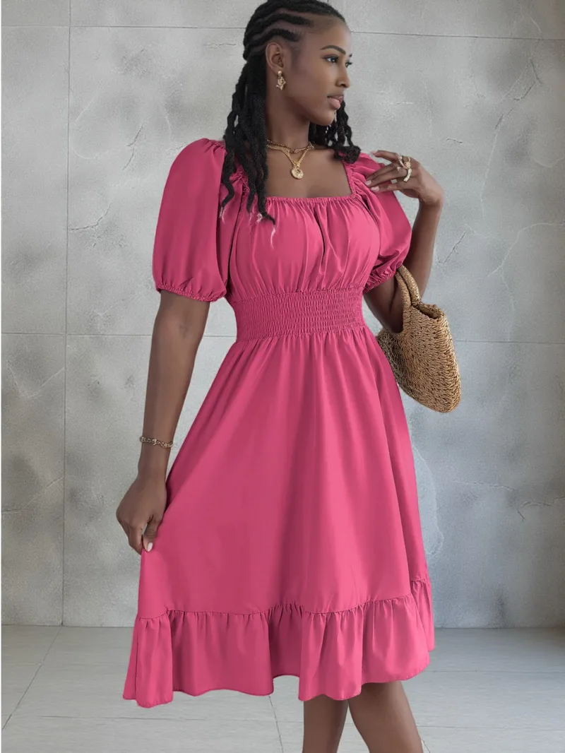 여성 MIidi 드레스 2025 여름 캐주얼 스퀘어 넥 반팔 허리 프릴 에지 드레스 여성 우아한 Платья Женские GZ7N