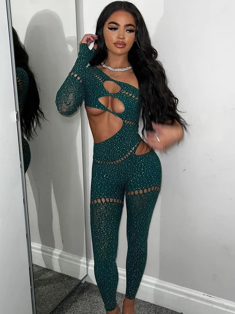 Sifreyr Hollow Out Sexy Jumpsuits Women Long Sleeve Off Shoulder Body-Shaping One Piece Rompers Hot Drill See Through Party Wear