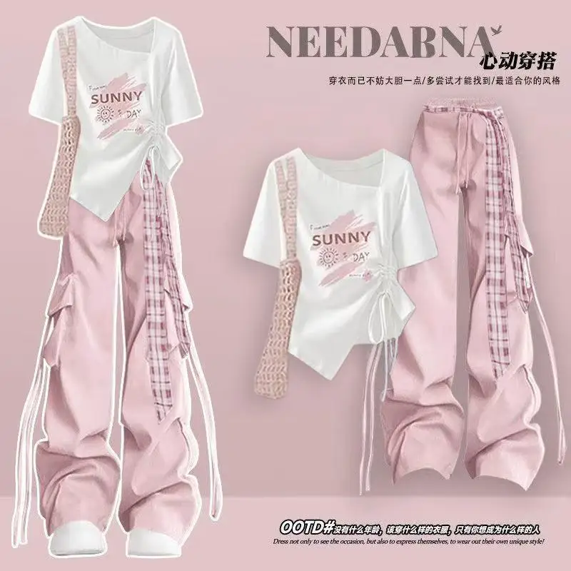 2026 New Korean Dopamine Style Summer Women's Clothing T-Shirt Blue Work Pants Two-Piece Set