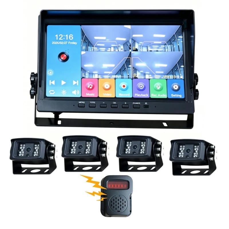 10.1 Inch 4 Camera Truck Driving Recorder Monitor Synchronous Video Display 1080P Blind Spot Warning Night Vision Waterproof