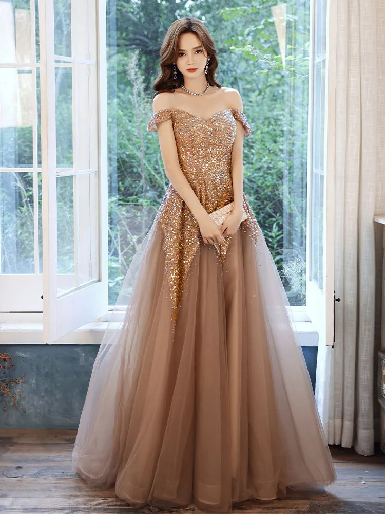 

Golden Sequined Evening Dress Elegant Glitter Sequins Long Prom Dresses Female Exquisite Banquet Celebrity Gowns