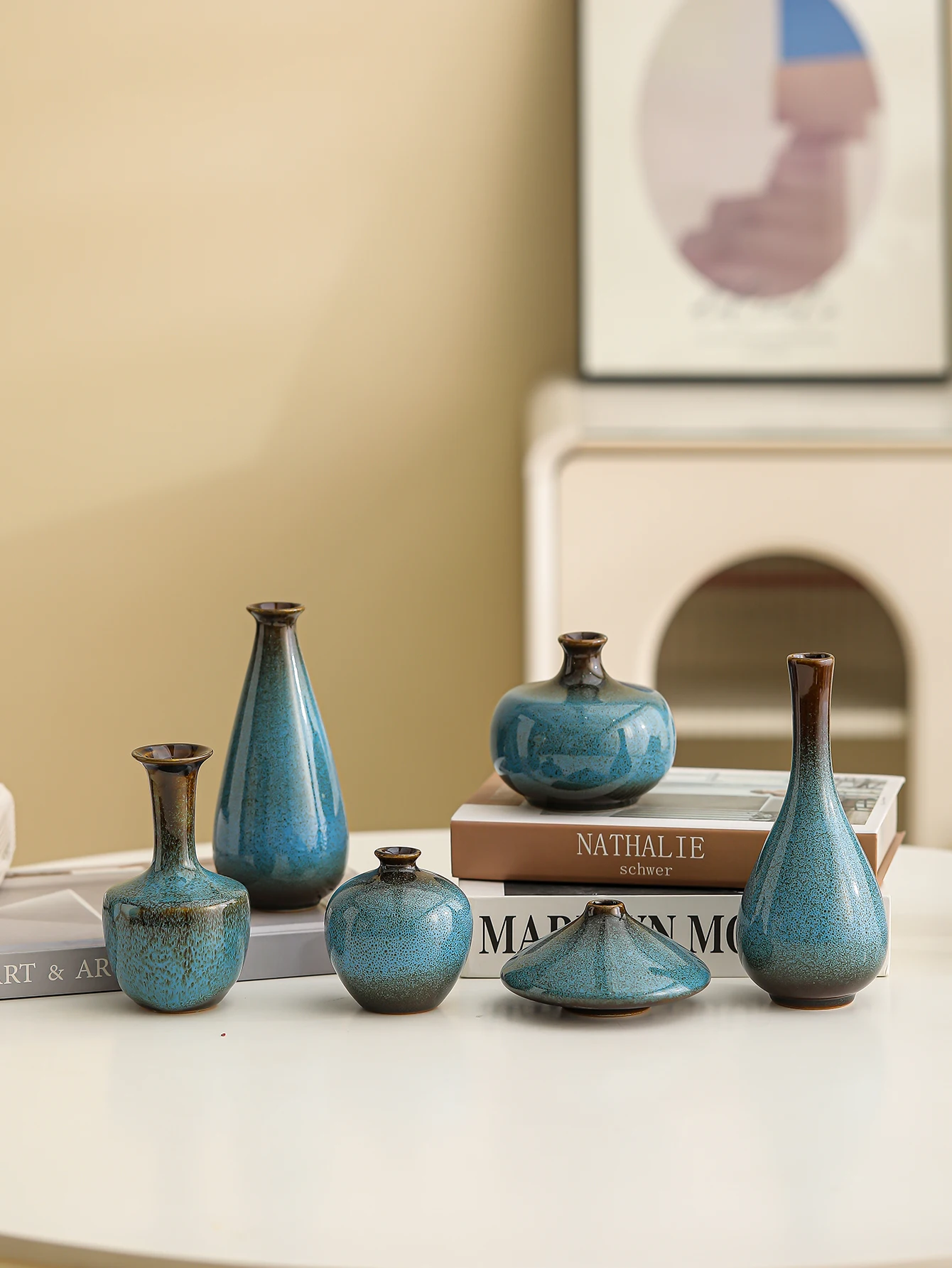 Vintage Blue Ceramic Vase Set – 6-piece set of hand-glazed mini vases, ideal for living room décor