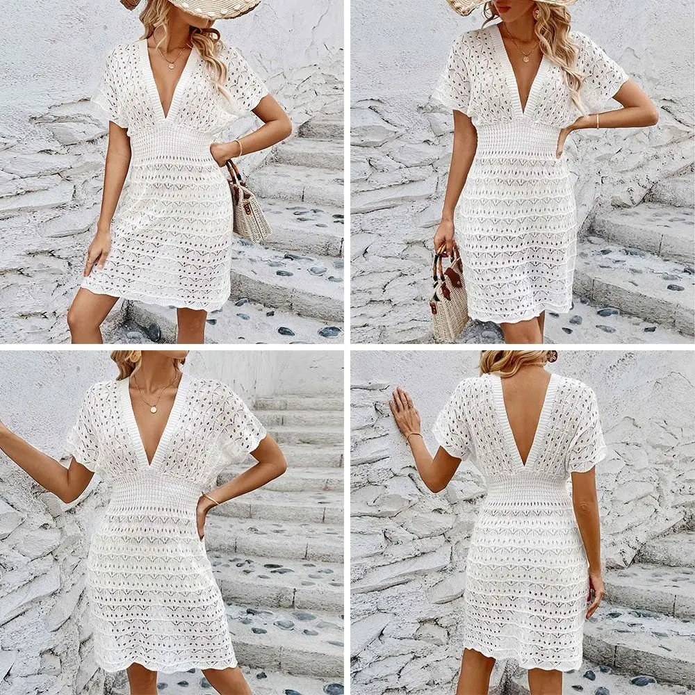 Fashion V Neck Summer Sunscreen Smock Hollow Out Loose Swimsuit Cover Up Dress Casual Vacation Bikini Cover-Ups for Women