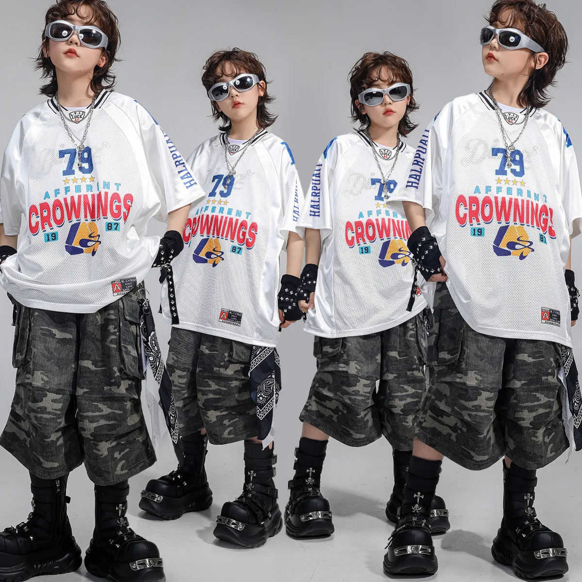 

Kid Kpop Hip Hop Clothing White V Neck Fishnet T Shirt Top Camouflage Cargo Shorts for Girl Boy Jazz Dance Wear Costume Clothes