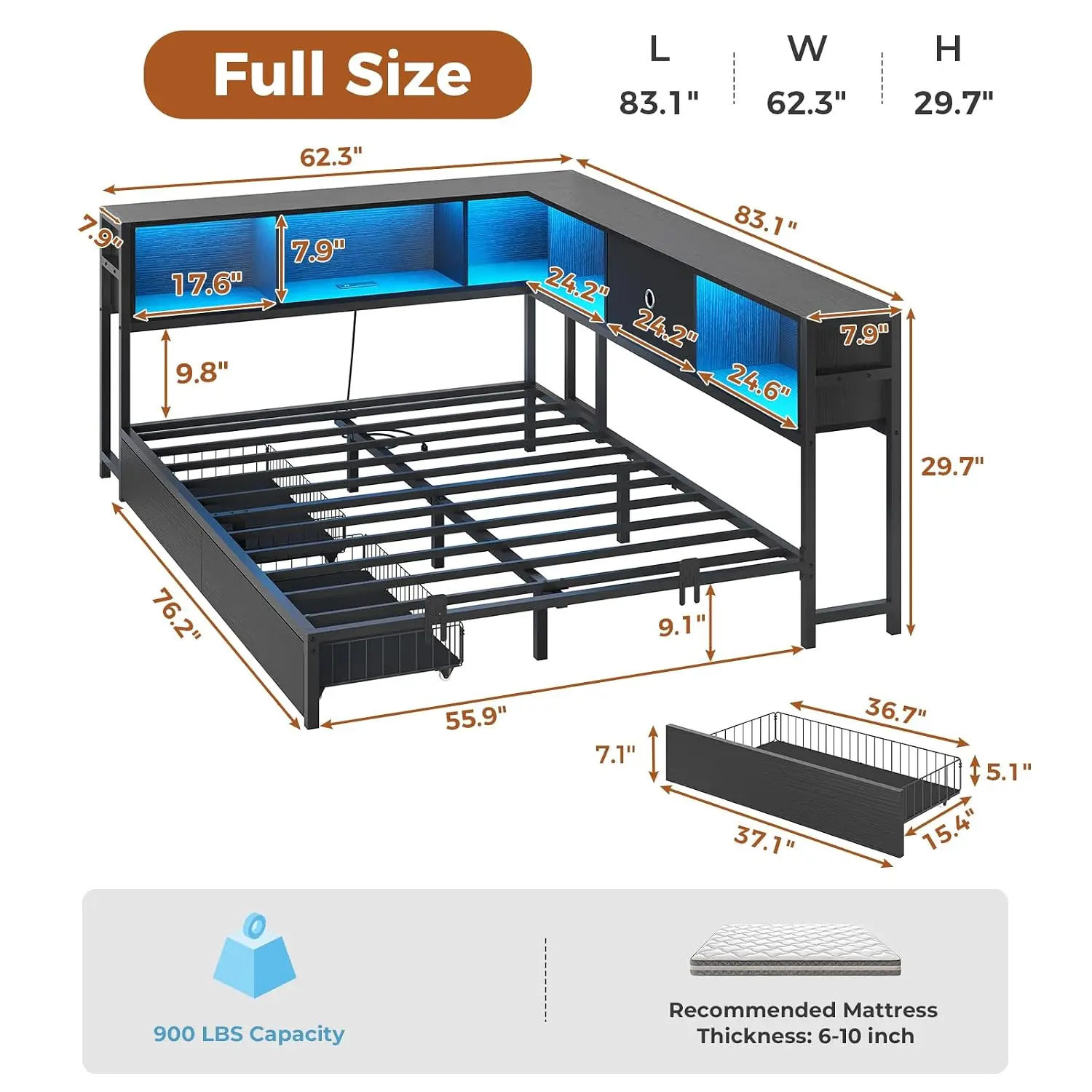 Corner Bed Frame Bookcase LED Lights Metal Platform Full Storage Drawers Charging Station Daybed Teen Adult Black, Customized image 3