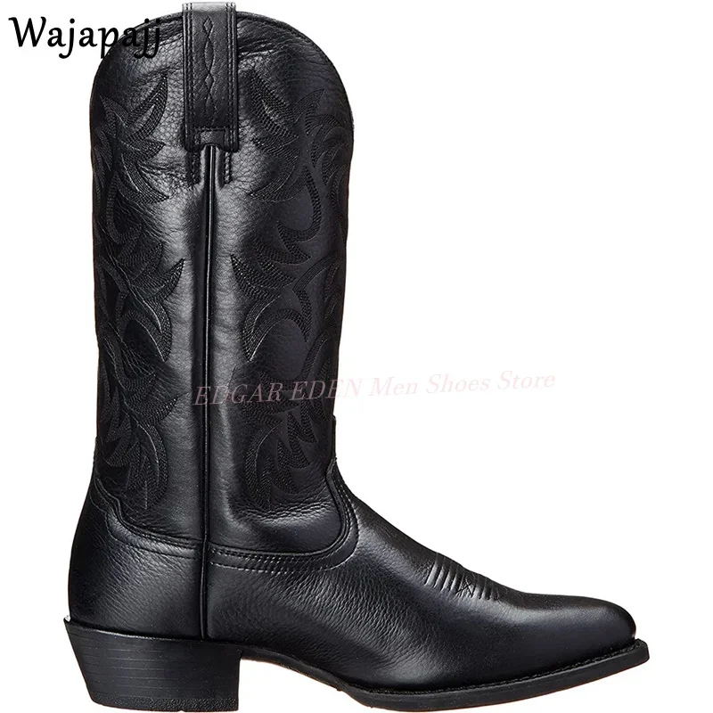 

Retro Style Men Square Heel West Cowboy Mid-Calf Boots Fashion Male Round Toe Side Zipper BlackWinter Autumn High Top Boots