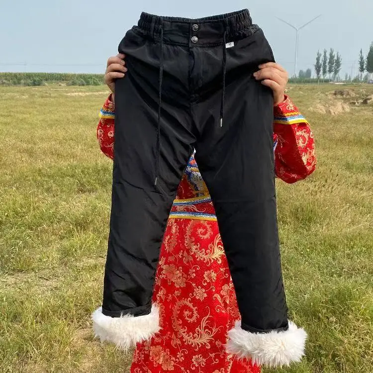 Winter Thicken Pure Wool Trousers Men High Waist Casual Thermal Long Pants Middle-aged Elderly Dad Sheepskin Plush Trouser Male