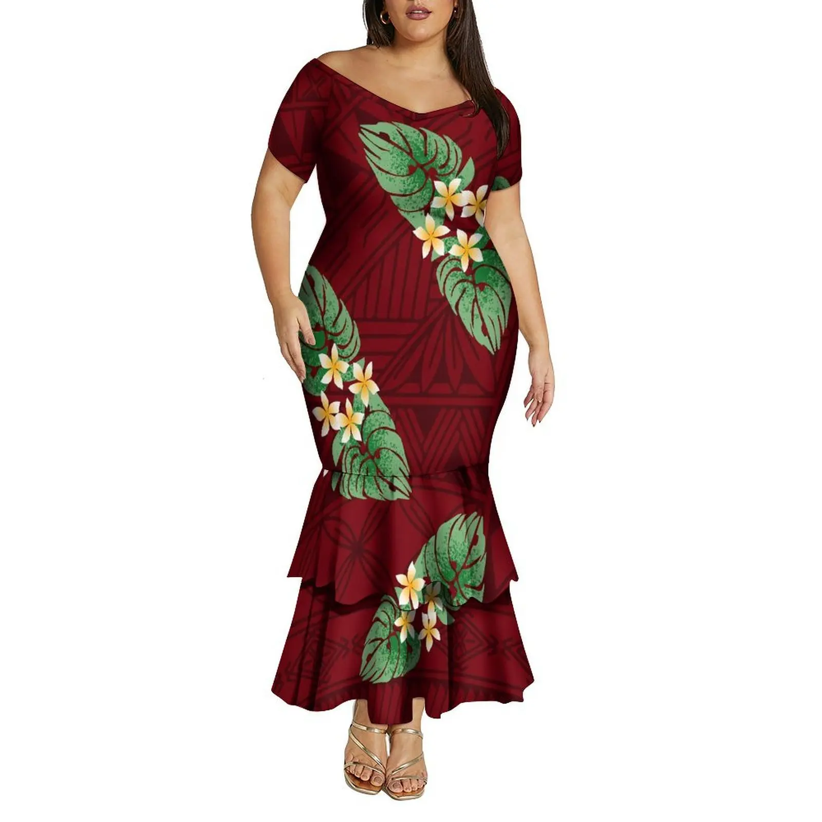 Vestido de verão confortável e macio com decote em V fora do ombro vestido rabo de peixe de camada dupla feito sob medida para mulheres polinesias