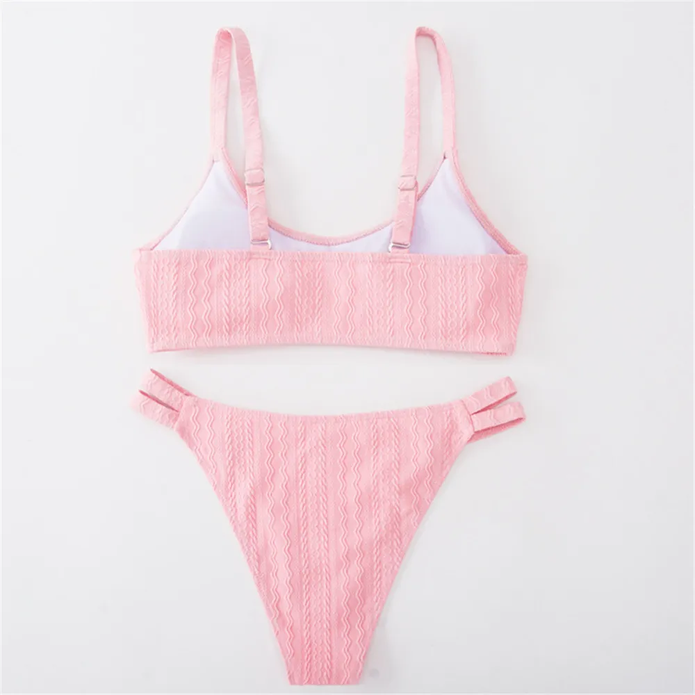 Pink Texture Bandeau Bikini Set Damen Push Up Swimwear Bandage Sexy Swimsuit Women 2025 Beach Bathing Suit Swimming Wear Bikinis