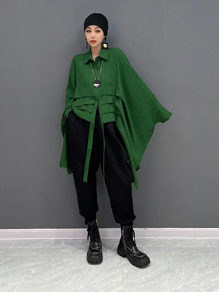 Hot Sale Korean Version Batwing Sleeve Shirt Women Loose Black Green Irregular Blouse 2024 Summer LHX2492