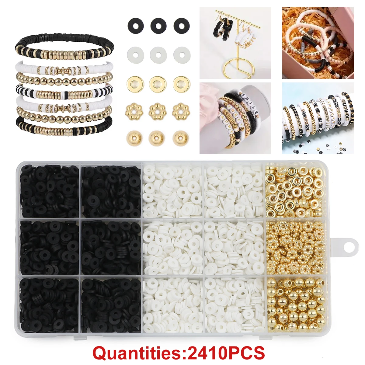 2400pcs/box Polymer Clay Bead Kit, White And Black Polymer Clay Beads CCB Loose Beads For DIY Jewelry Making Bracelet Supplies