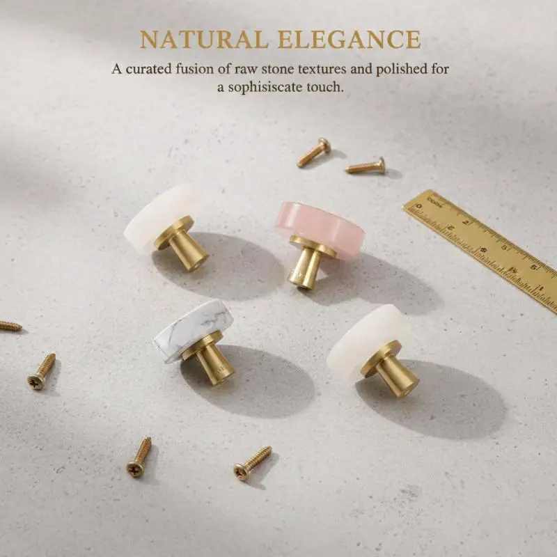 【New】Natural Stone Brass Knob Circular Furniture Wine Cabinet Drawer Door Handle Nordic Style White Single Hole Small Handle