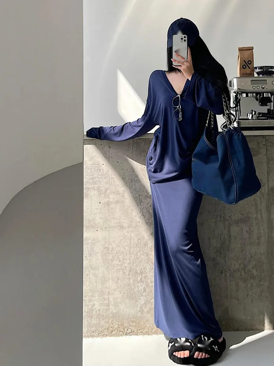 Luie Stijl Grote V-hals Losse T-shirt Top Hoge Taille Lange Zoete Mode Vrouwen Jurk Elegante 2025 Nieuwe Zoete Tops Mode 7IZY
