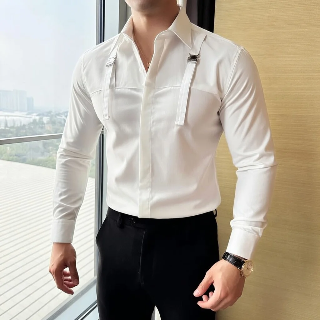 

Brand French Style Shoulder Strap Men Dress Shirt Business Office Long Sleeved Man Formal Shirt Club Party Social Mens Clothing