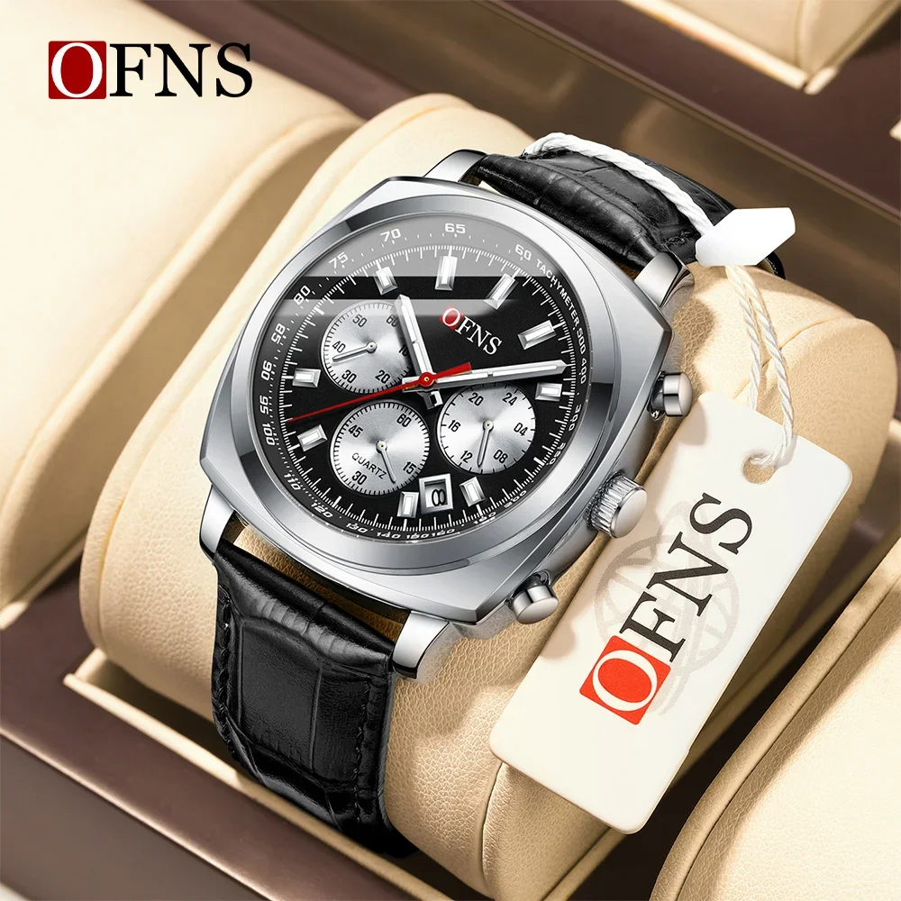 

OFNS Top 1601 Men's Quartz Watch Square Three Eyes Six Needle Timing Multi functional Waterproof Calendar Quartz Men's Watches