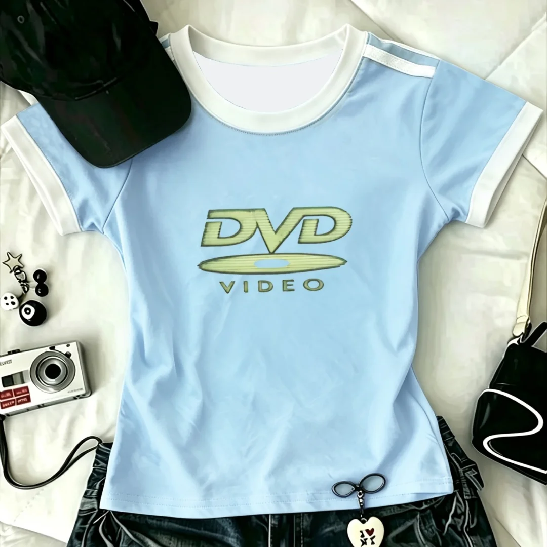 Y2K Retro DVD-Videokassetten-Muster Bedrucktes Neues Rundhals-Sommer-Damen-Freizeit-T-Shirt Kurzärmeliges Oberteil – Detail 5