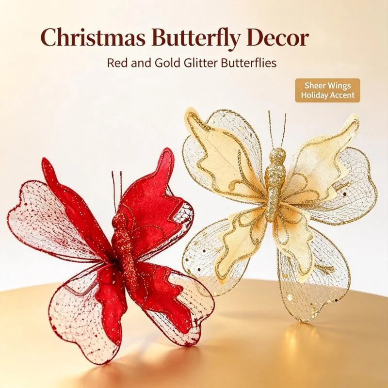6-12pcs Glitter Layer Mesh Fabric 3D Butterfly Hanging Ornaments Red Gold Christmas Tree Reusable Decor Home Holiday Party